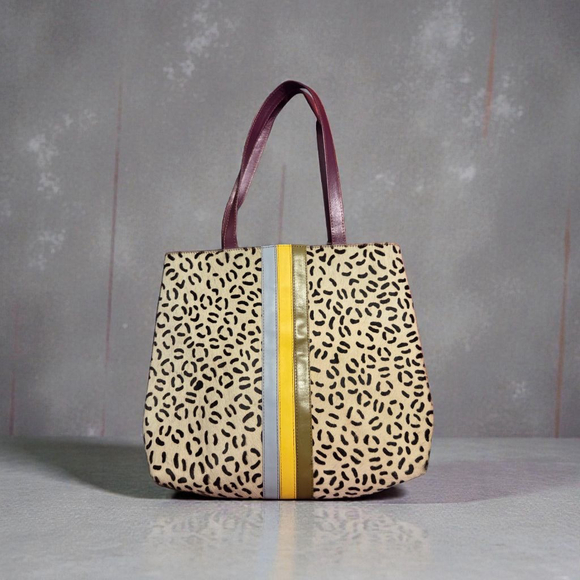 Folklore Tote Bag Beige Black Leopard Print With Multi-colored Accents